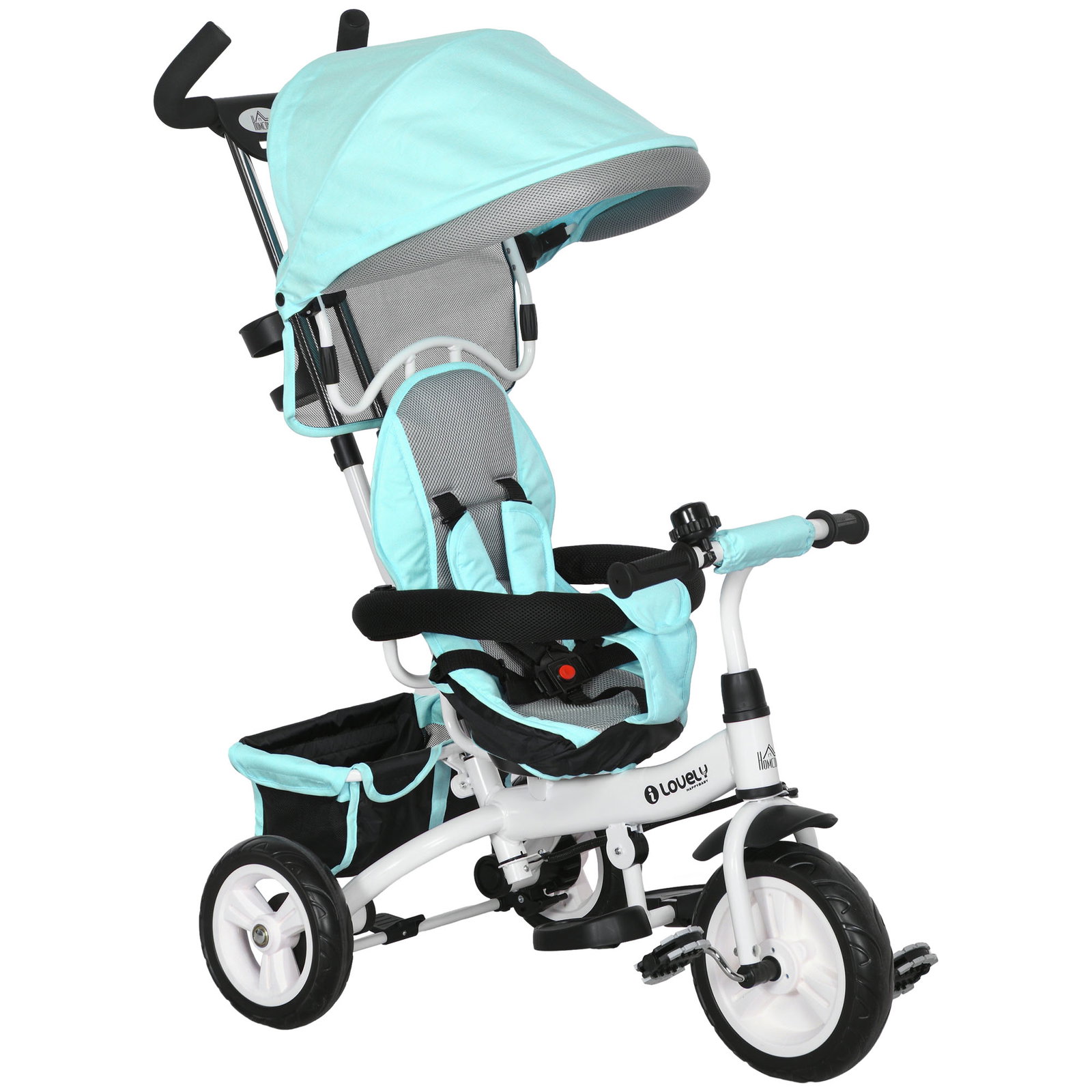 Triciclo evolutivo para bebés de +12 meses 2 em 1 com toldo dobrável guiador cinto de segurança e cesto 95x50x106 cm verde mint