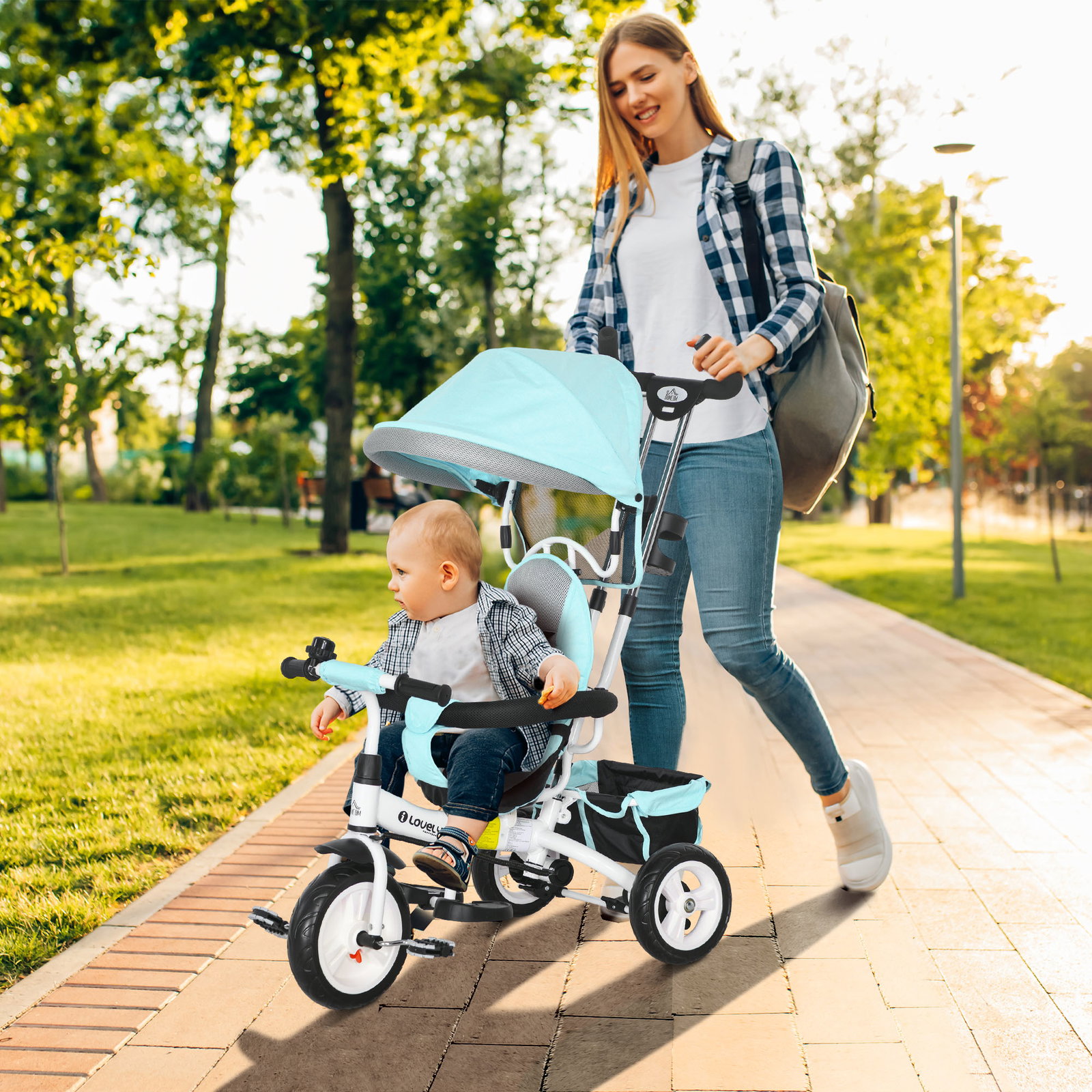Triciclo evolutivo para bebés de +12 meses 2 em 1 com toldo dobrável guiador cinto de segurança e cesto 95x50x106 cm verde mint