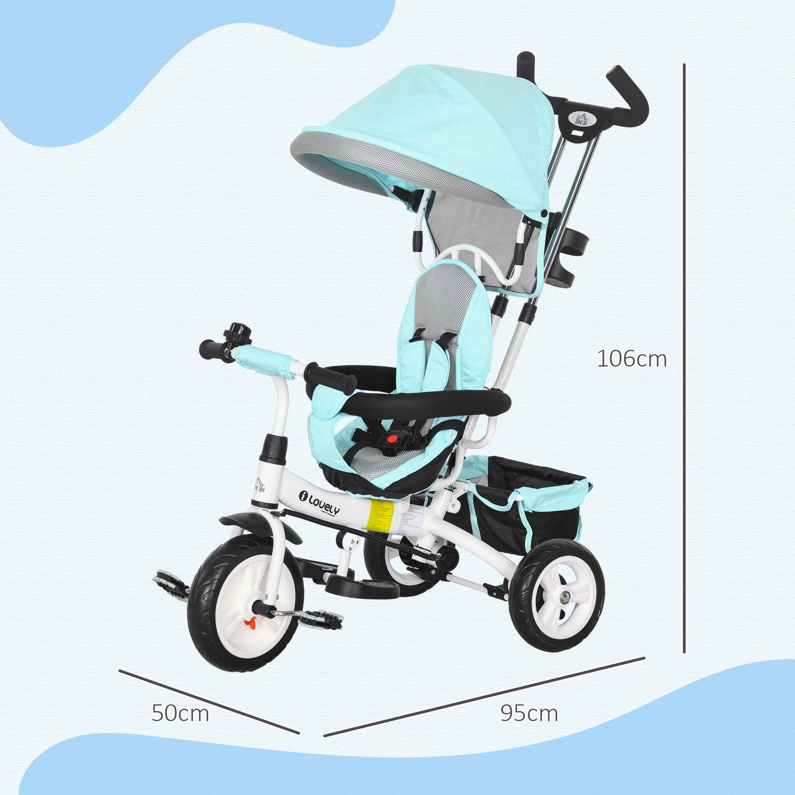 Triciclo evolutivo para bebés de +12 meses 2 em 1 com toldo dobrável guiador cinto de segurança e cesto 95x50x106 cm verde mint