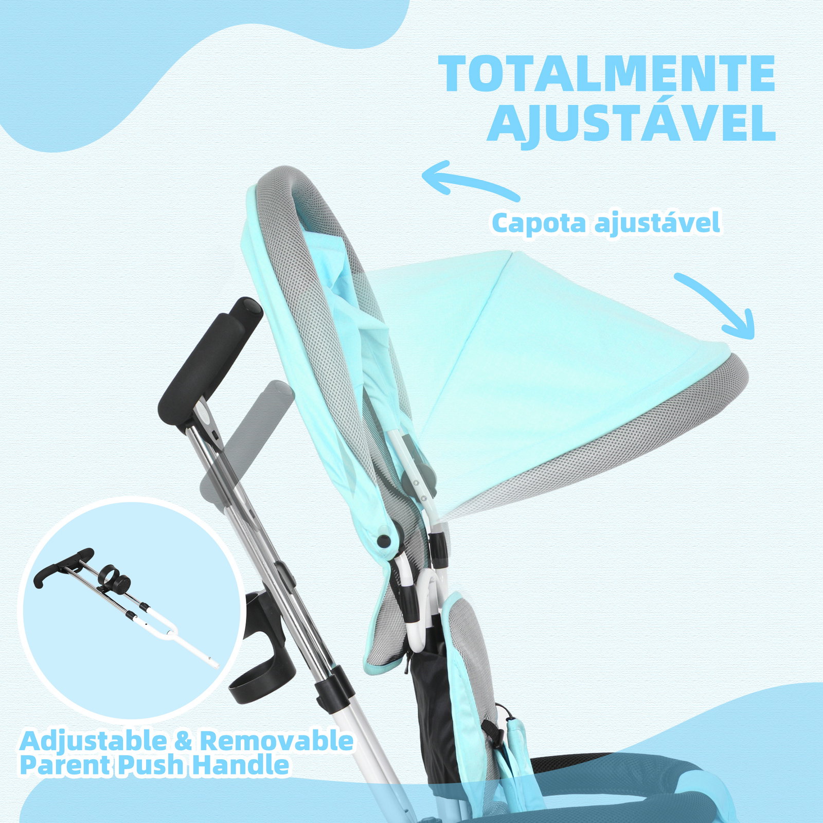 Triciclo evolutivo para bebés de +12 meses 2 em 1 com toldo dobrável guiador cinto de segurança e cesto 95x50x106 cm verde mint