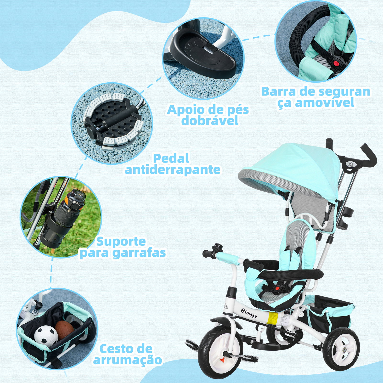 Triciclo evolutivo para bebés de +12 meses 2 em 1 com toldo dobrável guiador cinto de segurança e cesto 95x50x106 cm verde mint