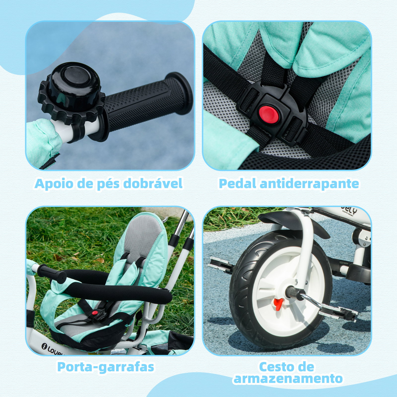 Triciclo evolutivo para bebés de +12 meses 2 em 1 com toldo dobrável guiador cinto de segurança e cesto 95x50x106 cm verde mint