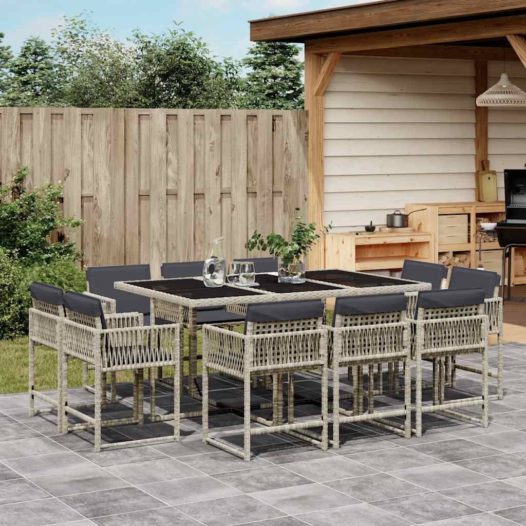 11 Pcs conjunto jantar p/ jardim c/ almofadões vime PE cinzento
