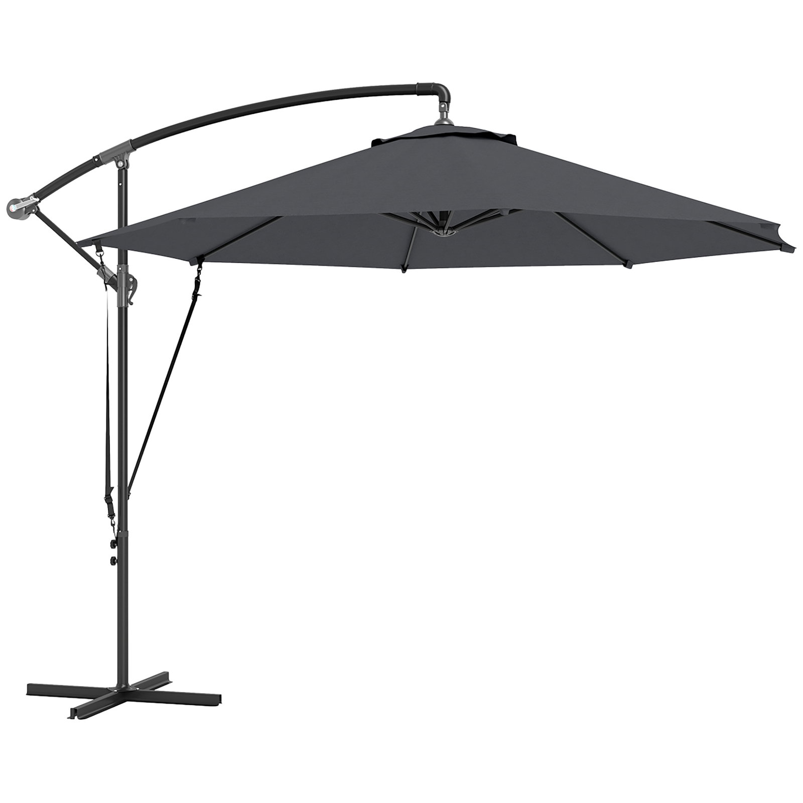 Chapéu de sol excêntrico ø 290 cm chapéu de sol de jardim com base cruzada capa de proteção e corda de vento cinzento