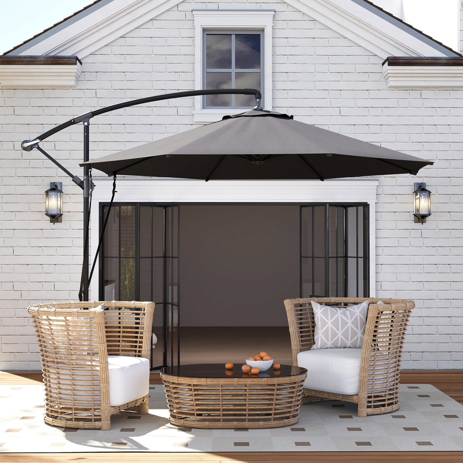 Chapéu de sol excêntrico ø 290 cm chapéu de sol de jardim com base cruzada capa de proteção e corda de vento cinzento