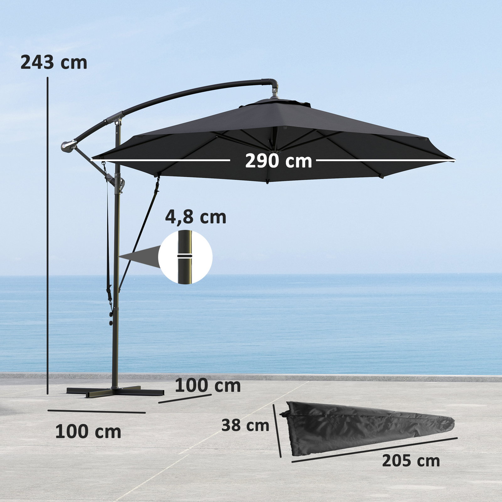 Chapéu de sol excêntrico ø 290 cm chapéu de sol de jardim com base cruzada capa de proteção e corda de vento cinzento