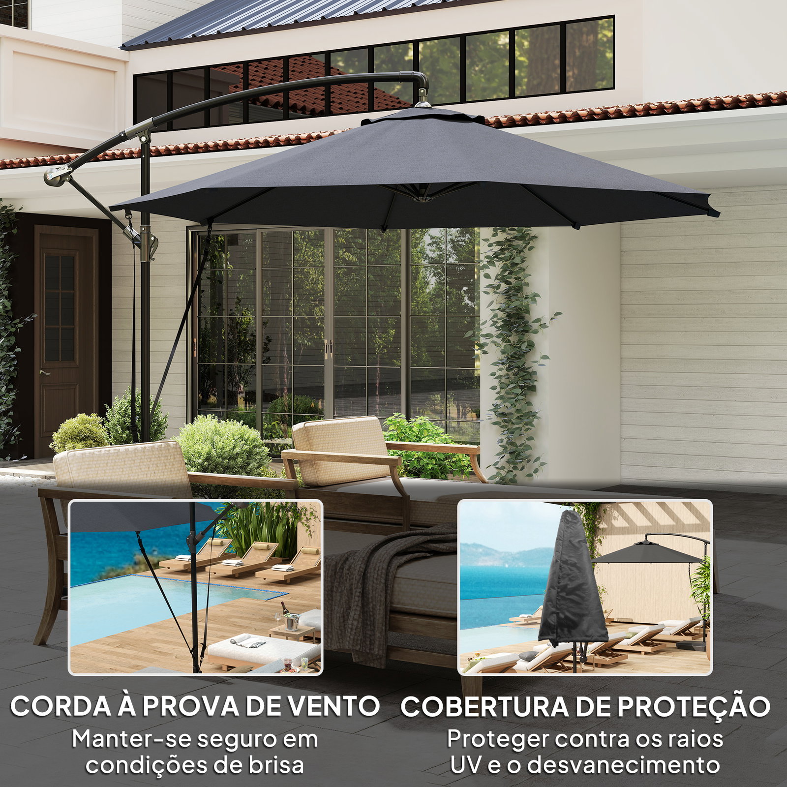 Chapéu de sol excêntrico ø 290 cm chapéu de sol de jardim com base cruzada capa de proteção e corda de vento cinzento
