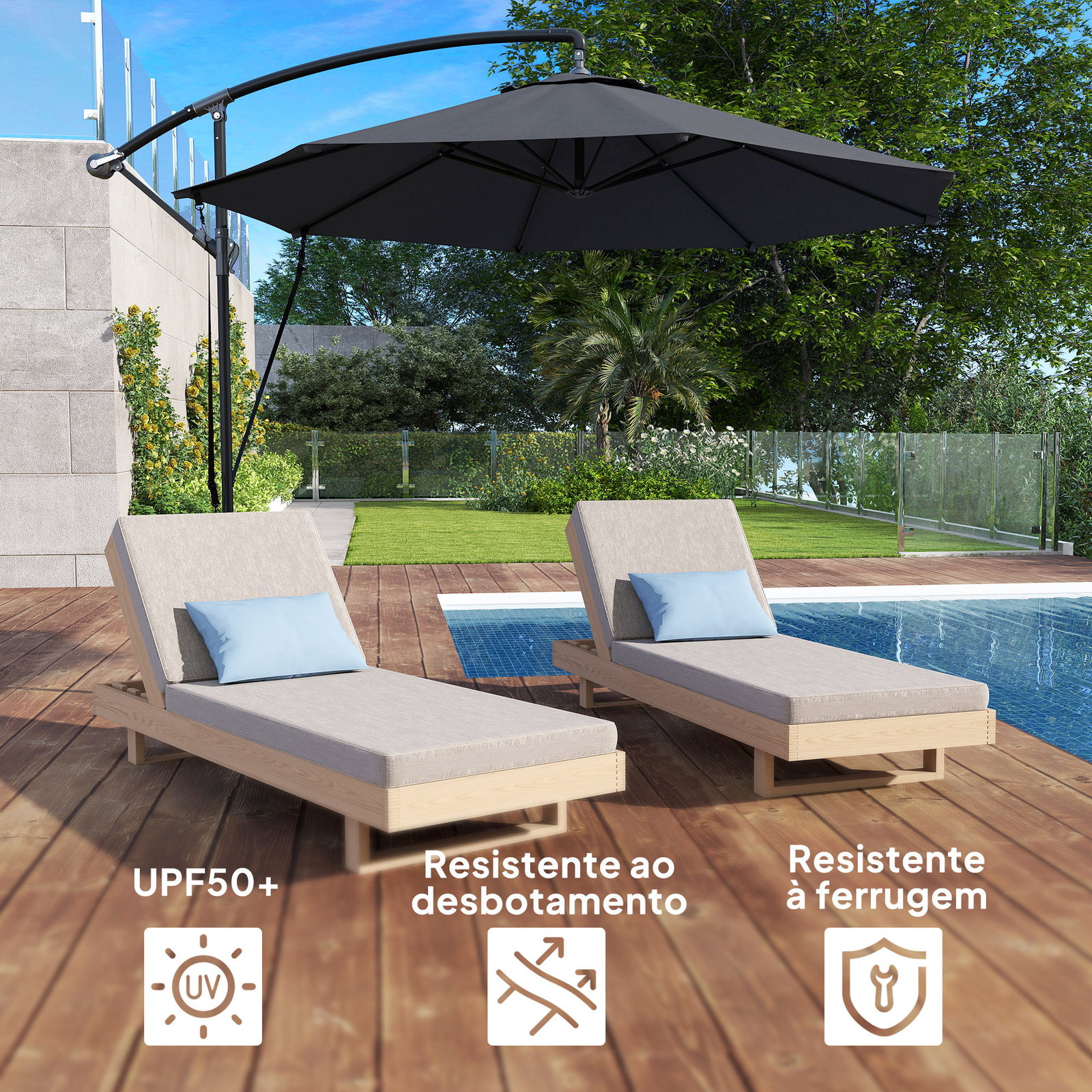 Chapéu de sol excêntrico ø 290 cm chapéu de sol de jardim com base cruzada capa de proteção e corda de vento cinzento