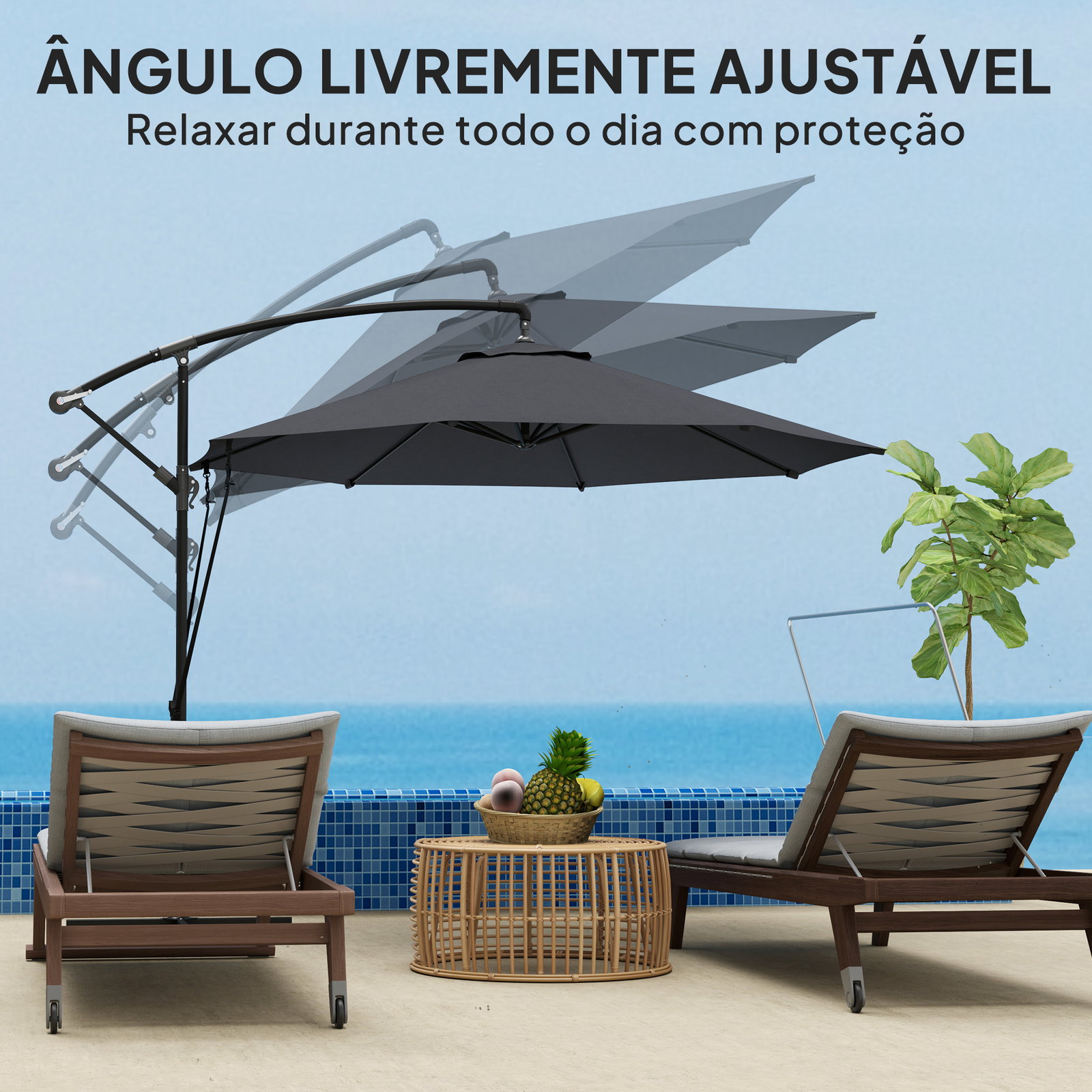Chapéu de sol excêntrico ø 290 cm chapéu de sol de jardim com base cruzada capa de proteção e corda de vento cinzento