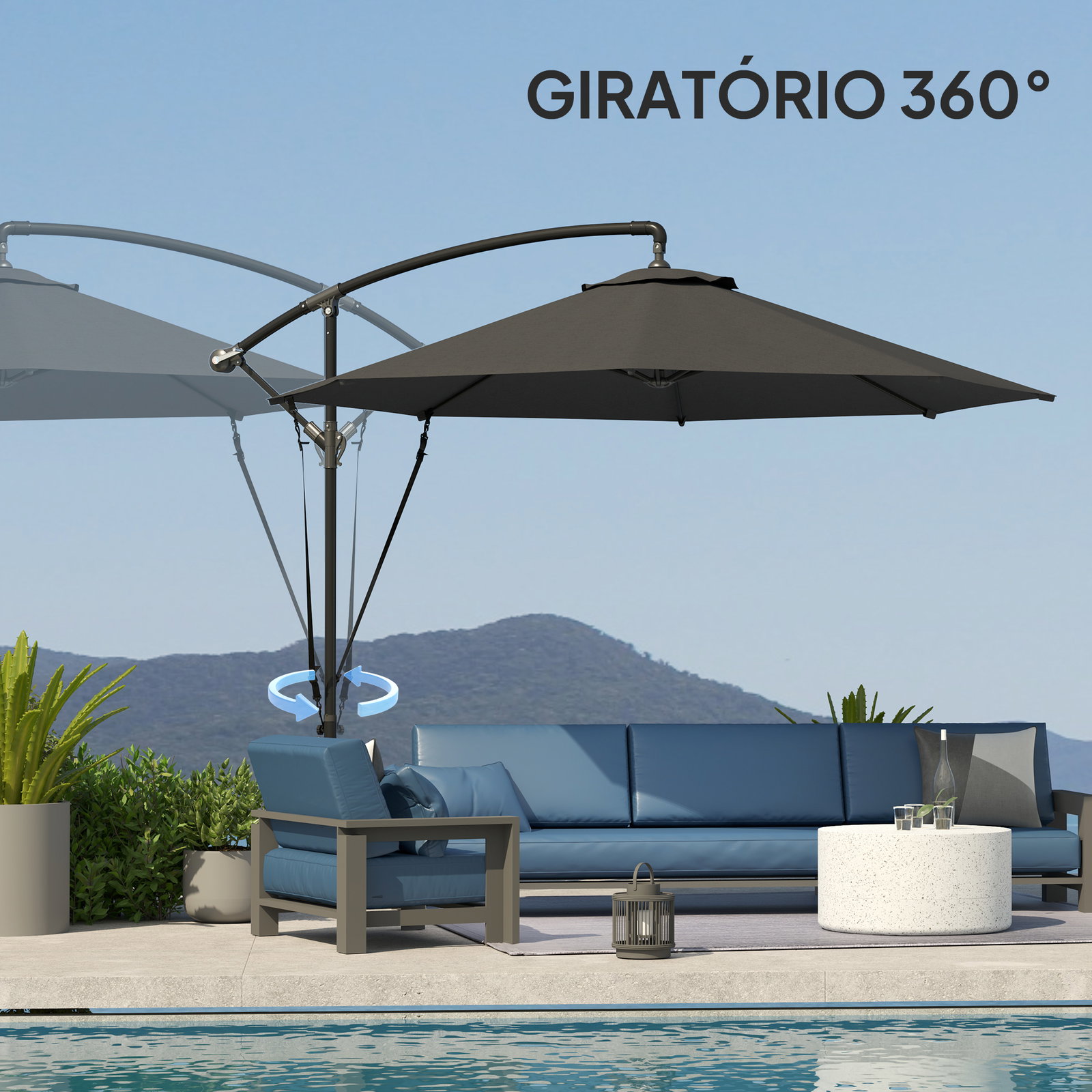 Chapéu de sol excêntrico ø 290 cm chapéu de sol de jardim com base cruzada capa de proteção e corda de vento cinzento