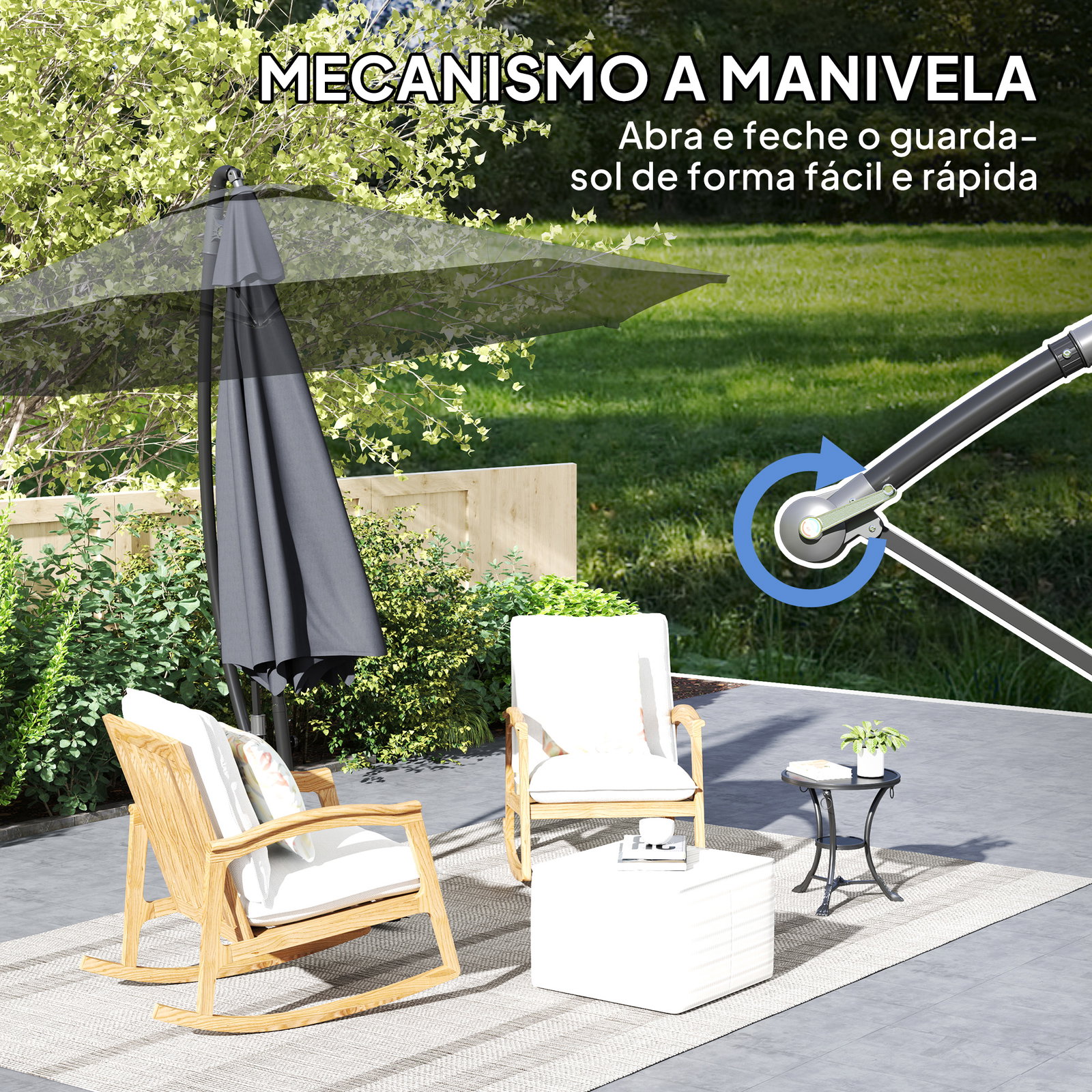 Chapéu de sol excêntrico ø 290 cm chapéu de sol de jardim com base cruzada capa de proteção e corda de vento cinzento