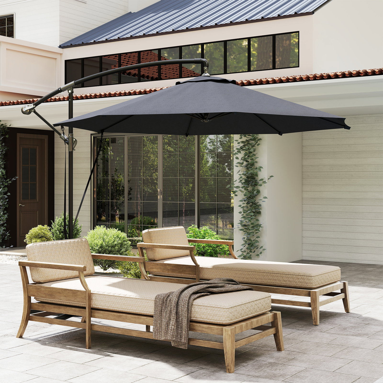 Chapéu de sol excêntrico ø 290 cm chapéu de sol de jardim com base cruzada capa de proteção e corda de vento cinzento