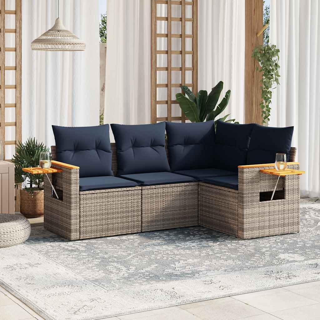 4 Pcs conjunto sofás p/ jardim c/ almofadões vime PE cinzento