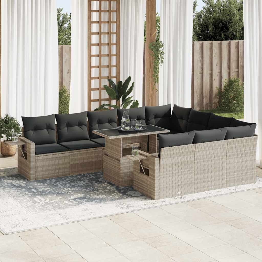 11 Pcs conjunto sofás de jardim c/ almofadões vime PE cinzento