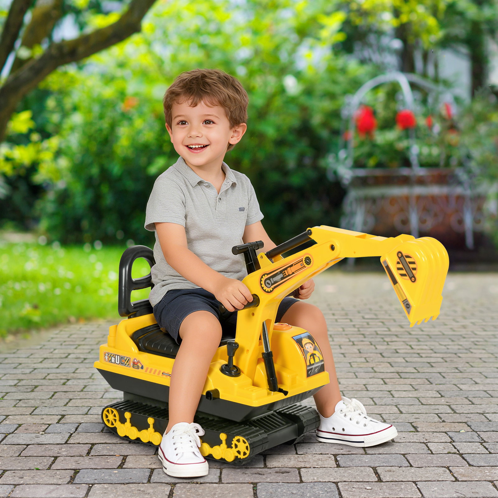 Escavadora sem pedais com braço móvil carro andador com assento de armazenamento pá dianteira e buzina 78x24x58,5 cm amarelo
