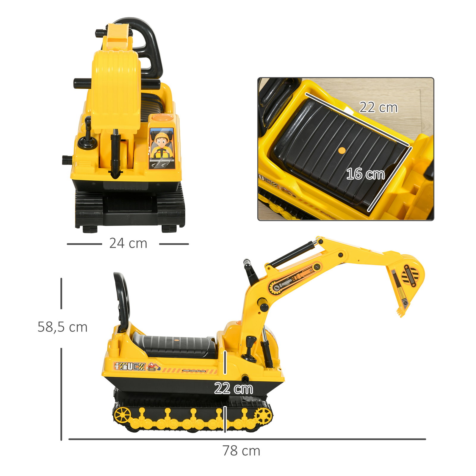 Escavadora sem pedais com braço móvil carro andador com assento de armazenamento pá dianteira e buzina 78x24x58,5 cm amarelo