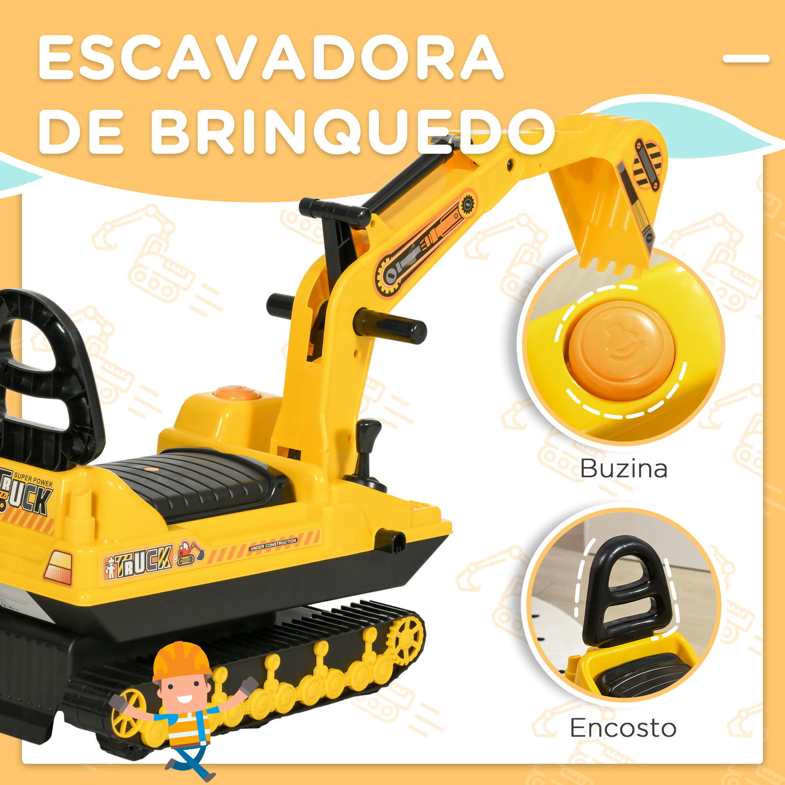 Escavadora sem pedais com braço móvil carro andador com assento de armazenamento pá dianteira e buzina 78x24x58,5 cm amarelo