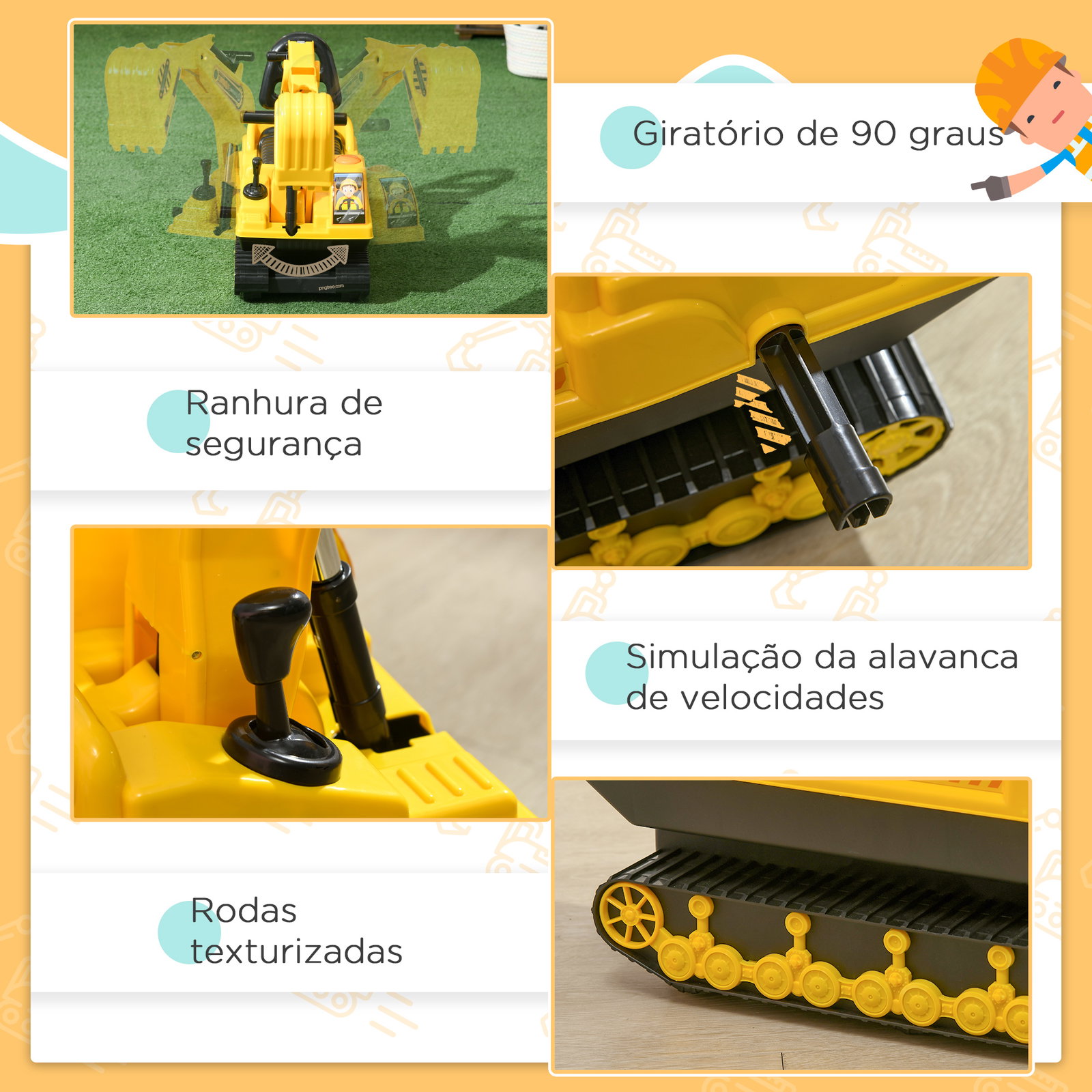 Escavadora sem pedais com braço móvil carro andador com assento de armazenamento pá dianteira e buzina 78x24x58,5 cm amarelo