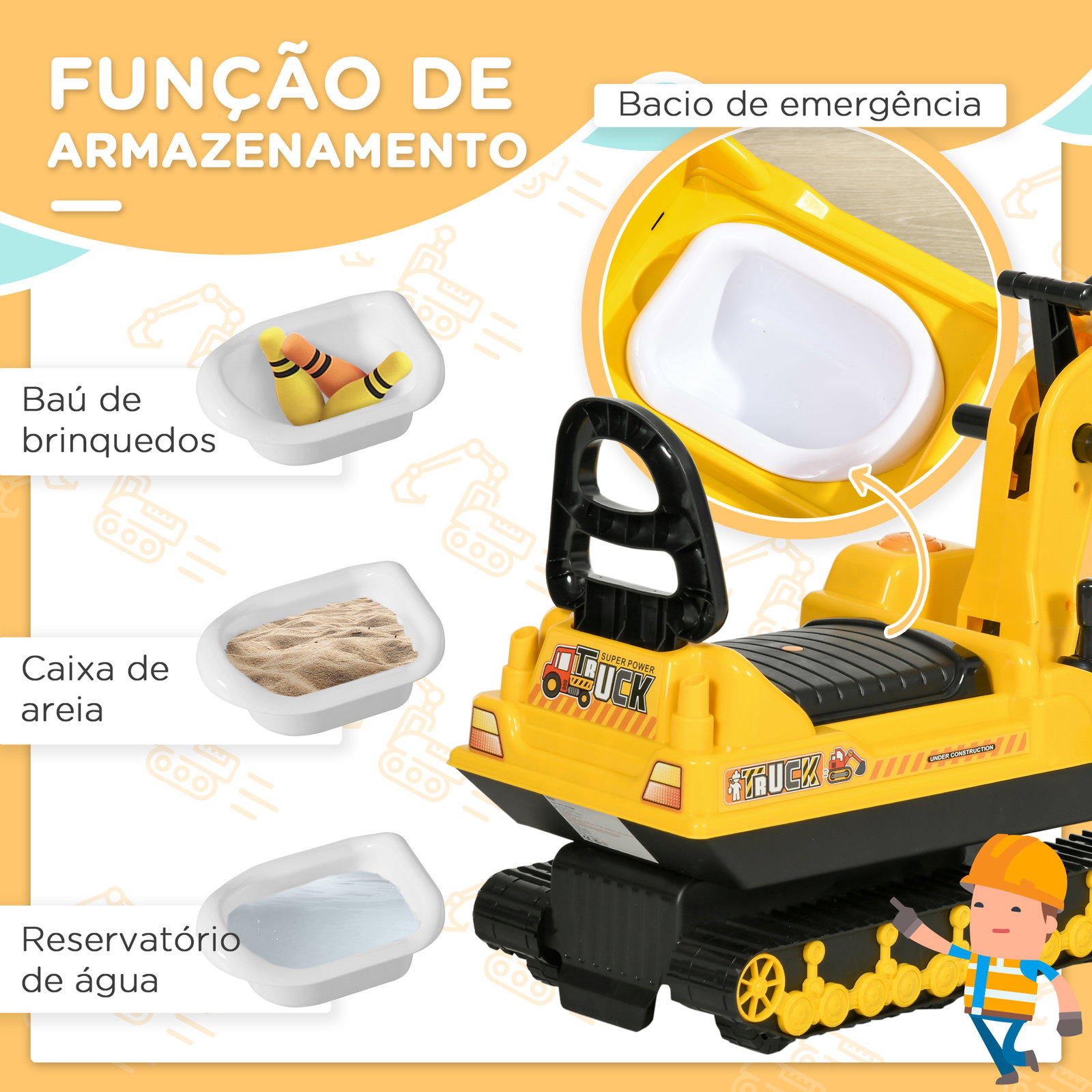 Escavadora sem pedais com braço móvil carro andador com assento de armazenamento pá dianteira e buzina 78x24x58,5 cm amarelo