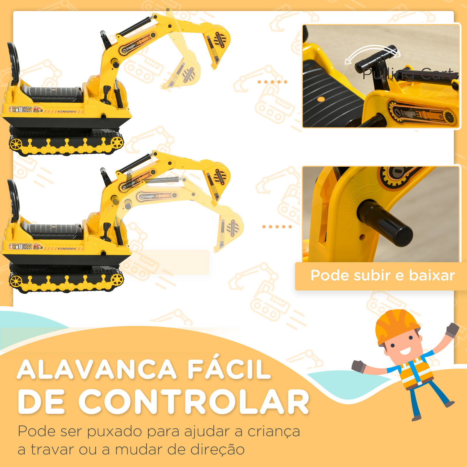Escavadora sem pedais com braço móvil carro andador com assento de armazenamento pá dianteira e buzina 78x24x58,5 cm amarelo