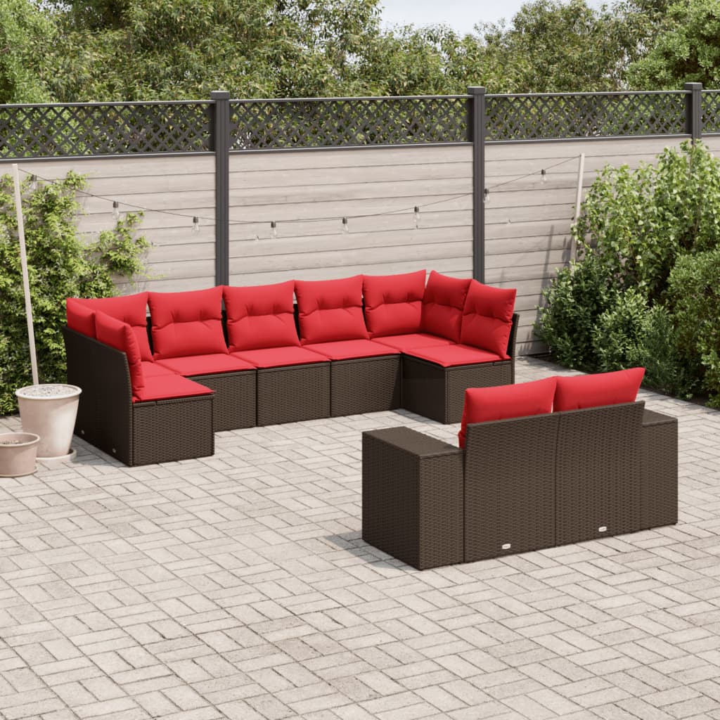 Conjunto de sofá de jardim com 9 peças e almofadas em rattan sintético marrom