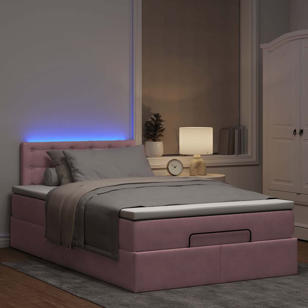 Cama otomana com colchão & leds 120x190cm veludo rosa