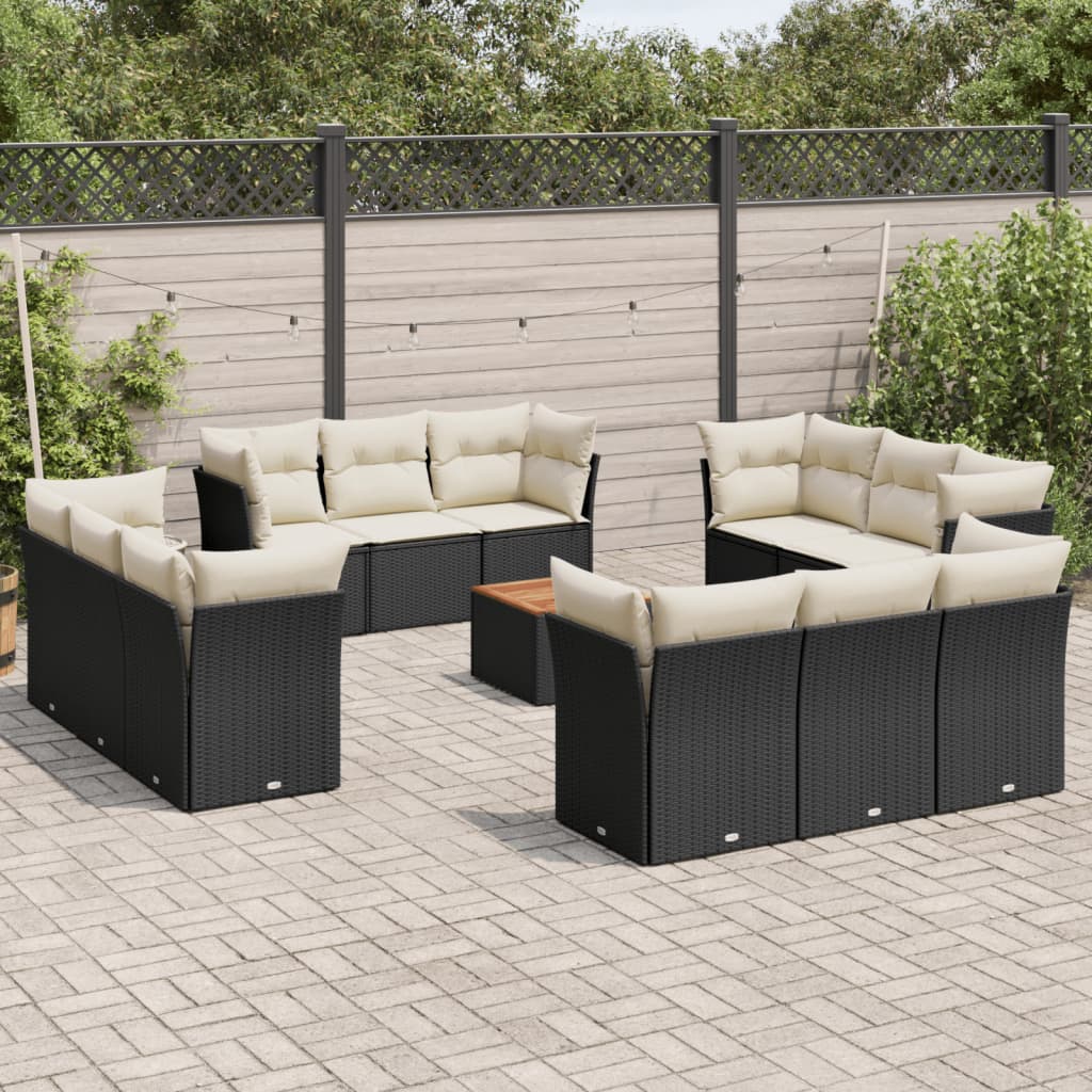 13 Pcs conjunto de sofás de jardim com almofadões vime PE preto
