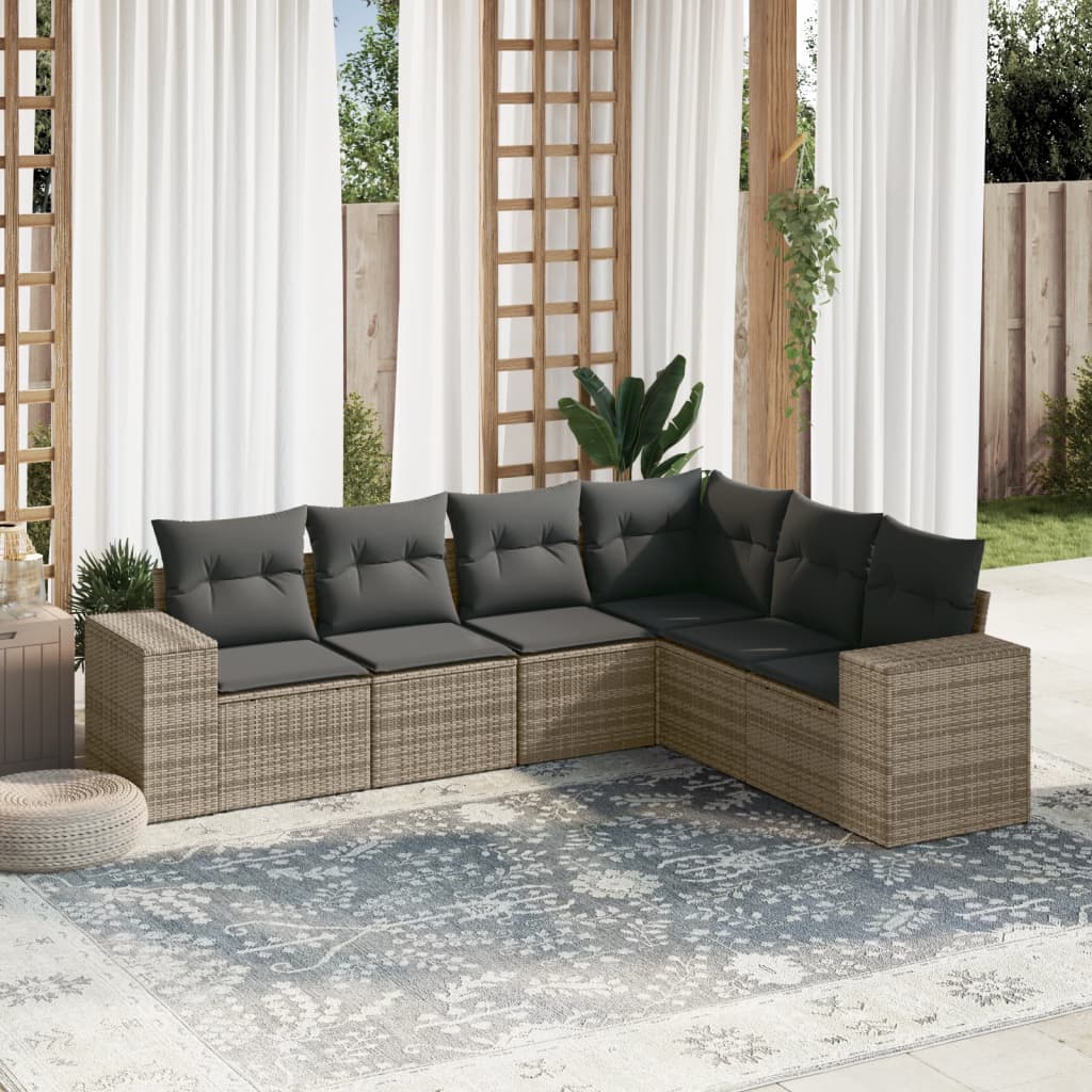 6 Pcs conjunto sofás de jardim com almofadões vime cinzento