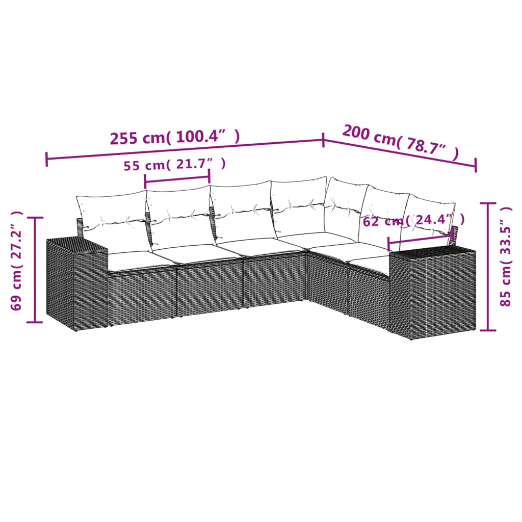 6 Pcs conjunto sofás de jardim com almofadões vime cinzento