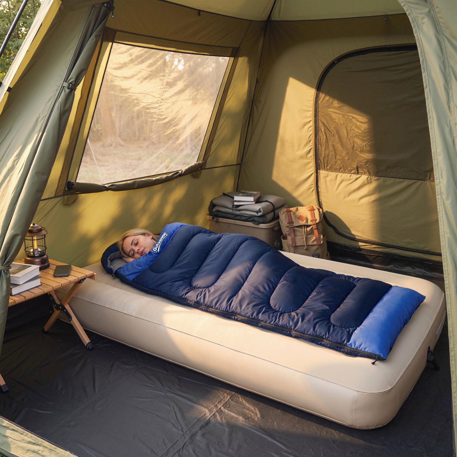 Saco-cama para adulto leve e compacto para 3 estações impermeável portátil tamanho pequeno para acampar azul-marinho