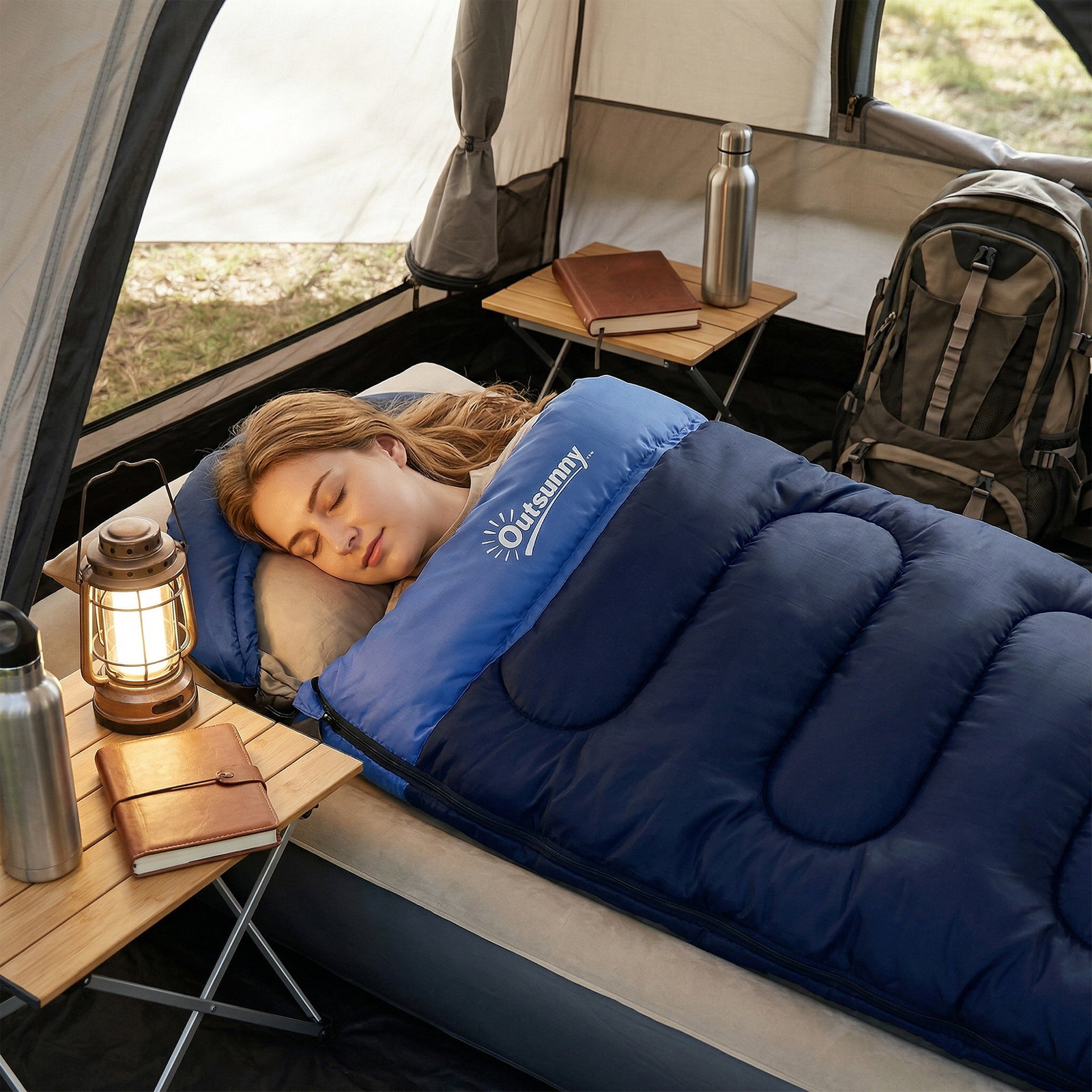 Saco-cama para adulto leve e compacto para 3 estações impermeável portátil tamanho pequeno para acampar azul-marinho