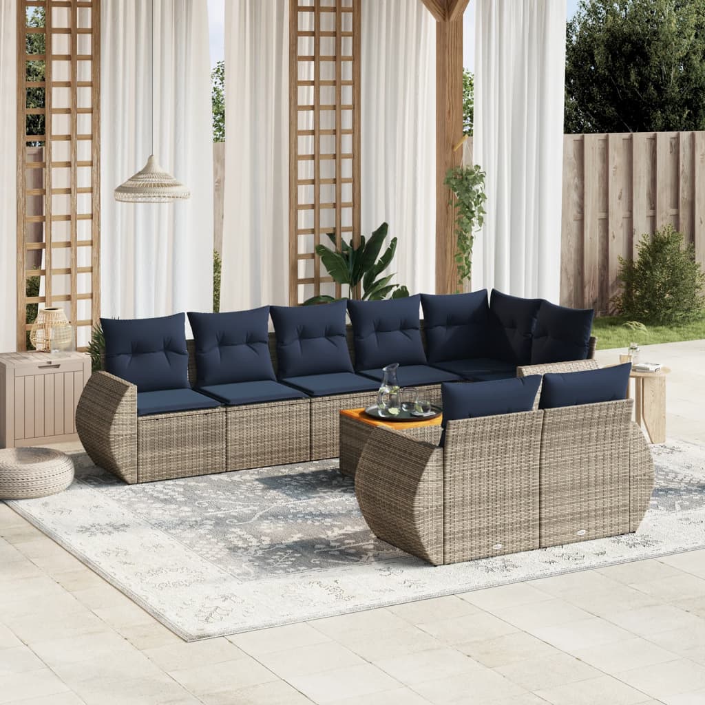 Conjunto de sofá de jardim de 9 peças com almofadas em rattan sintético cinza