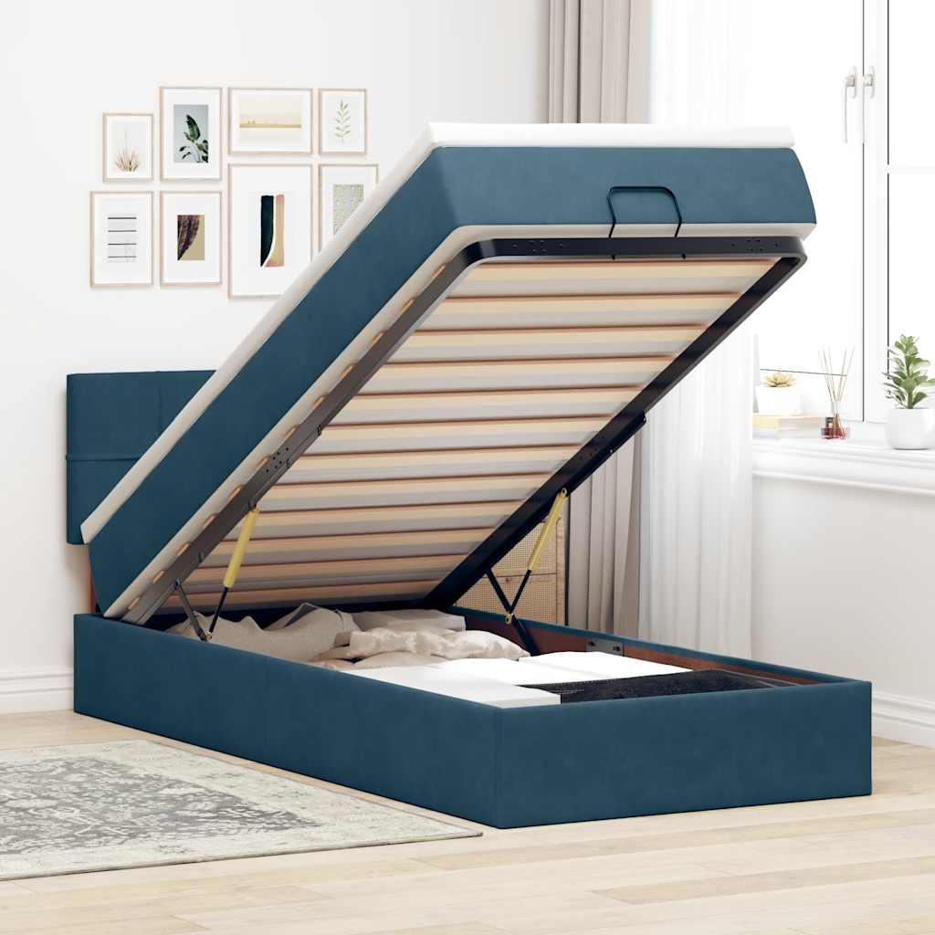 Estrutura cama otomana com colchão azul escuro 90x190cm veludo