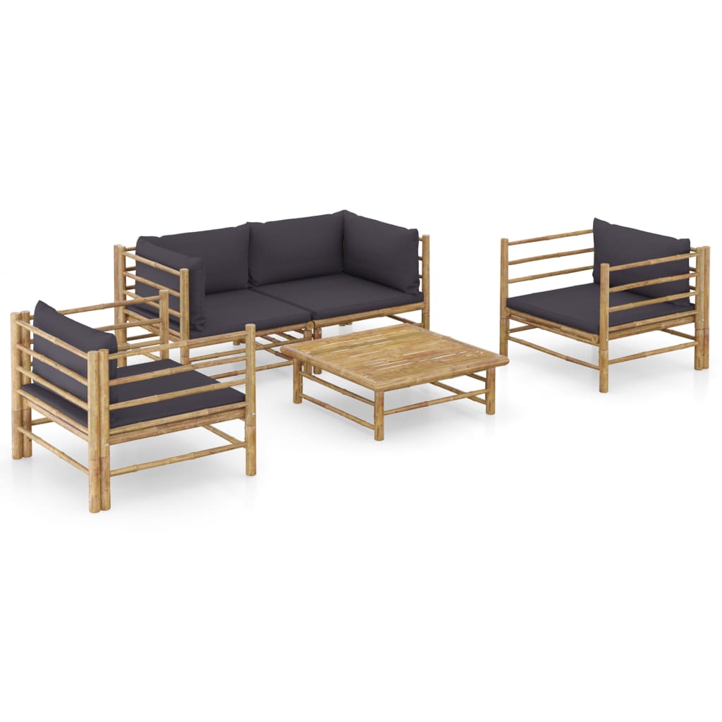 5 Pcs conj. lounge jardim em bambu c/ almofadões cinza-escuro