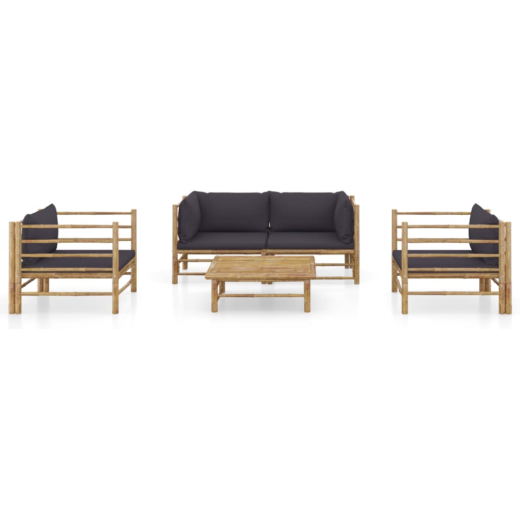 5 Pcs conj. lounge jardim em bambu c/ almofadões cinza-escuro