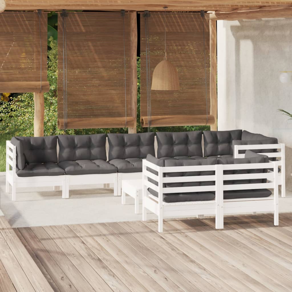 9 Pcs conj. lounge de jardim c/ almofadões pinho maciço branco