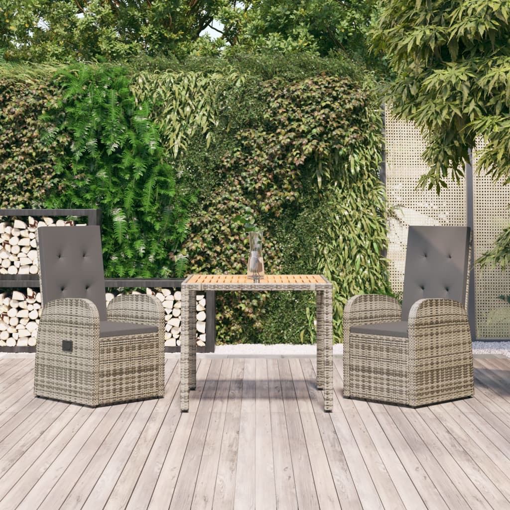 3 Pcs conjunto de jantar p/ jardim c/ almofadões vime PE cinza