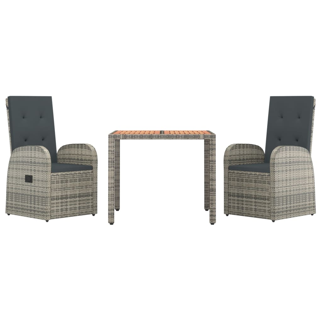 3 Pcs conjunto de jantar p/ jardim c/ almofadões vime PE cinza