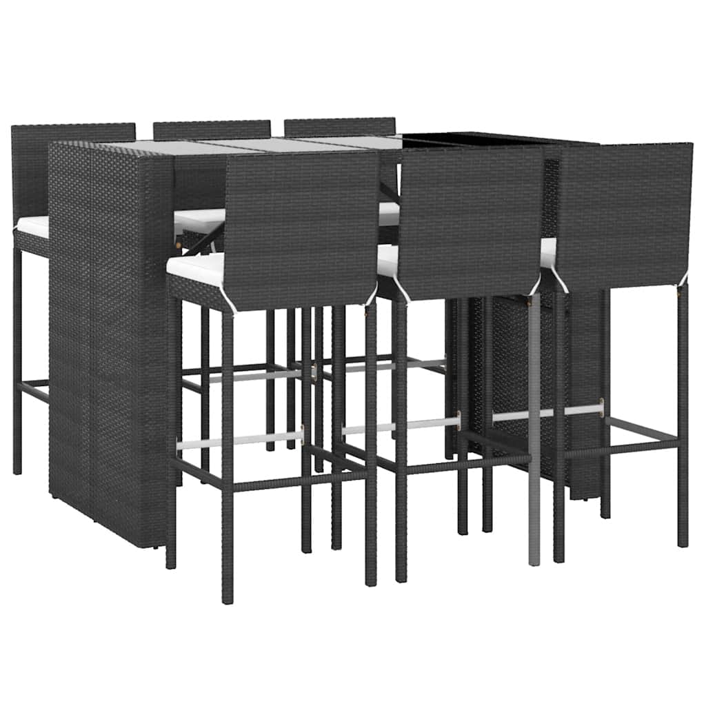 7 Pcs conjunto de bar para jardim c/ almofadões vime PE preto