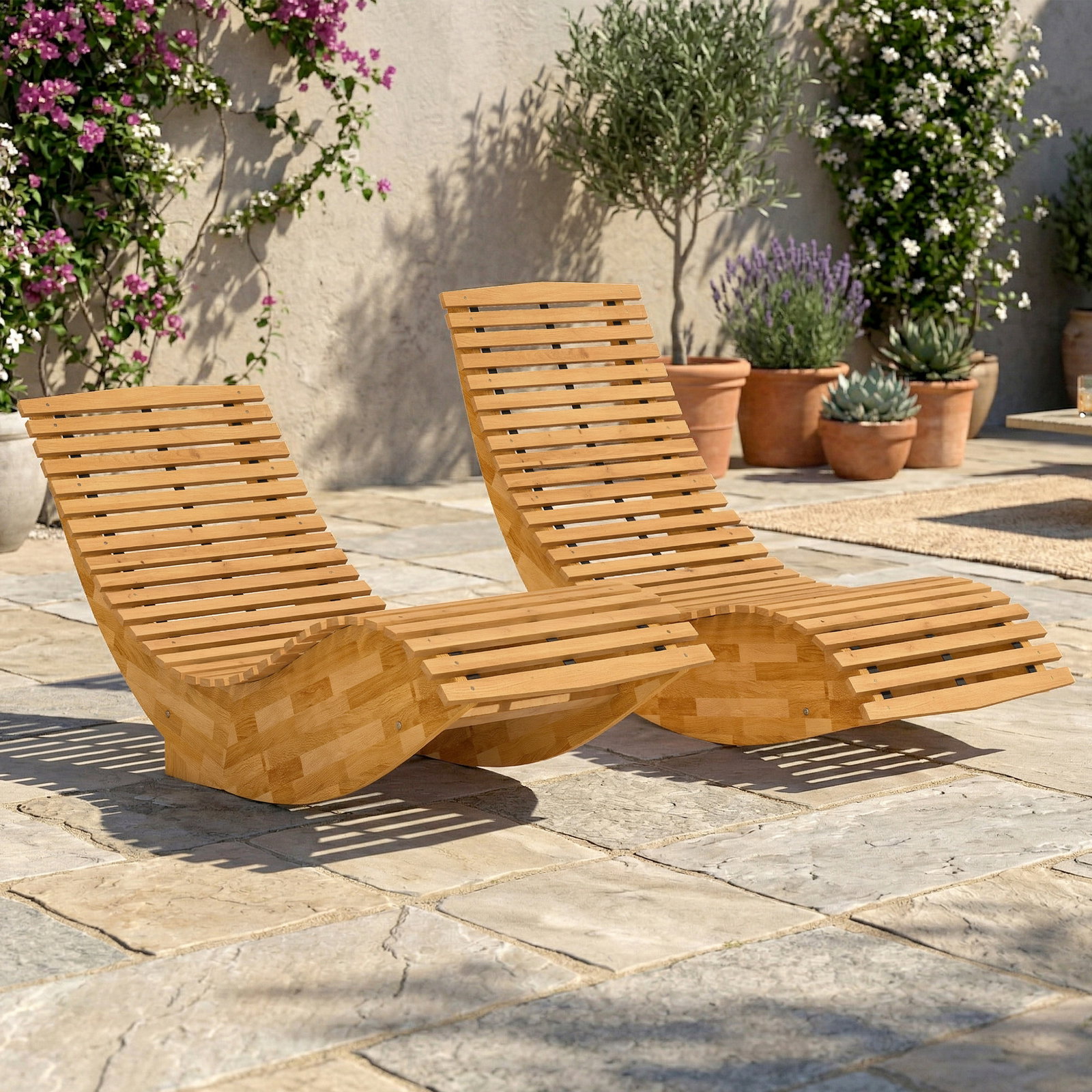 Conjunto de 2 cadeiras de balanço de jardim dobráveis ergonómicas com design ripado 60x156x77 cm natural