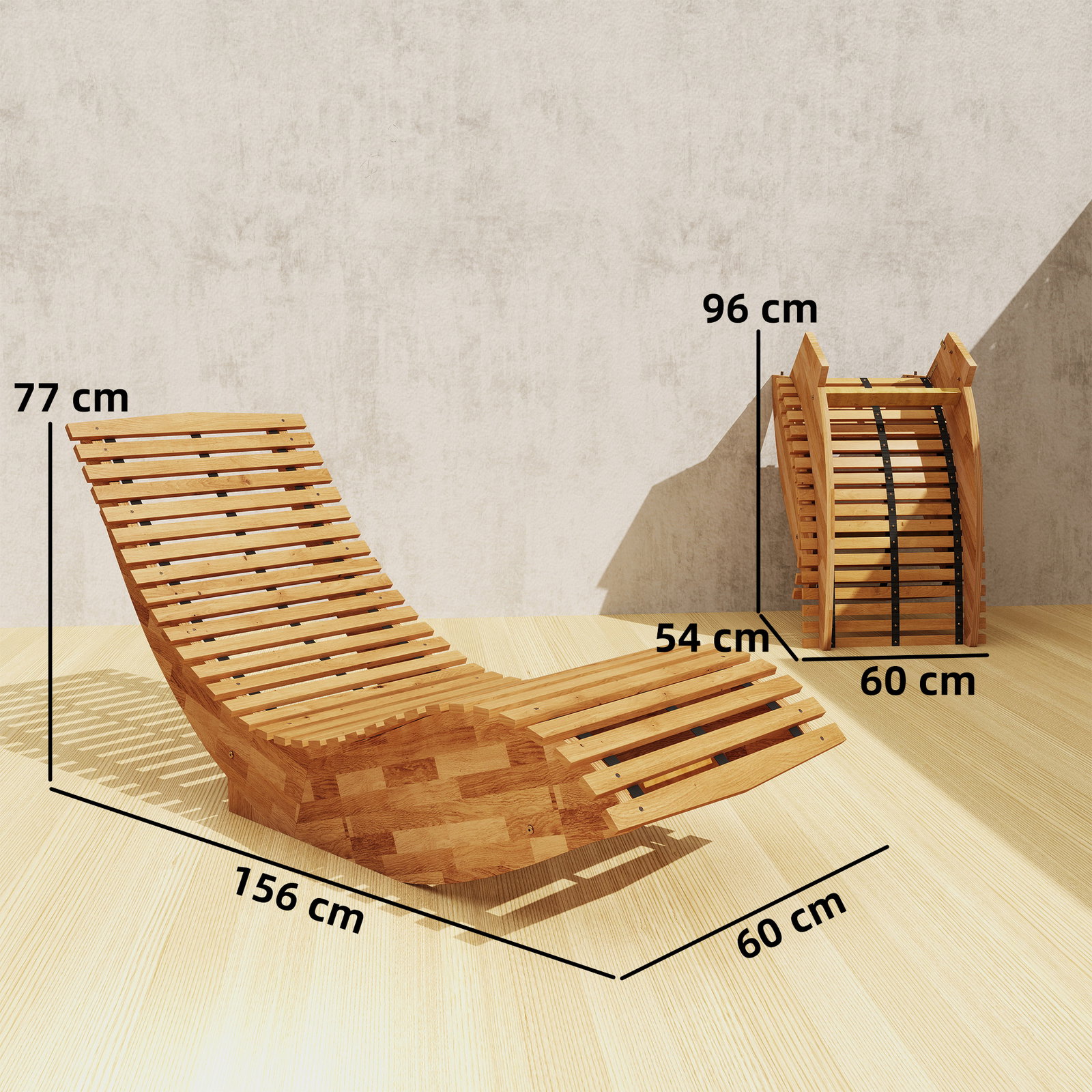 Conjunto de 2 cadeiras de balanço de jardim dobráveis ergonómicas com design ripado 60x156x77 cm natural