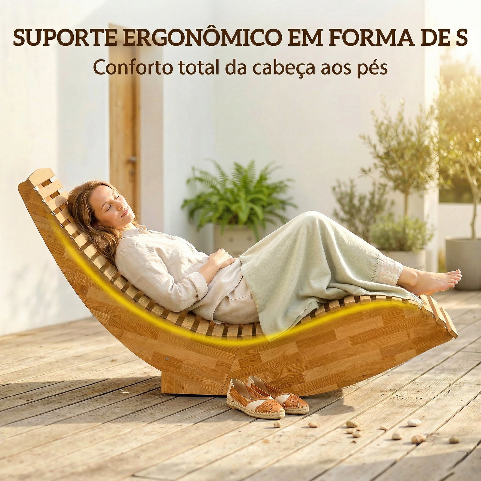 Conjunto de 2 cadeiras de balanço de jardim dobráveis ergonómicas com design ripado 60x156x77 cm natural