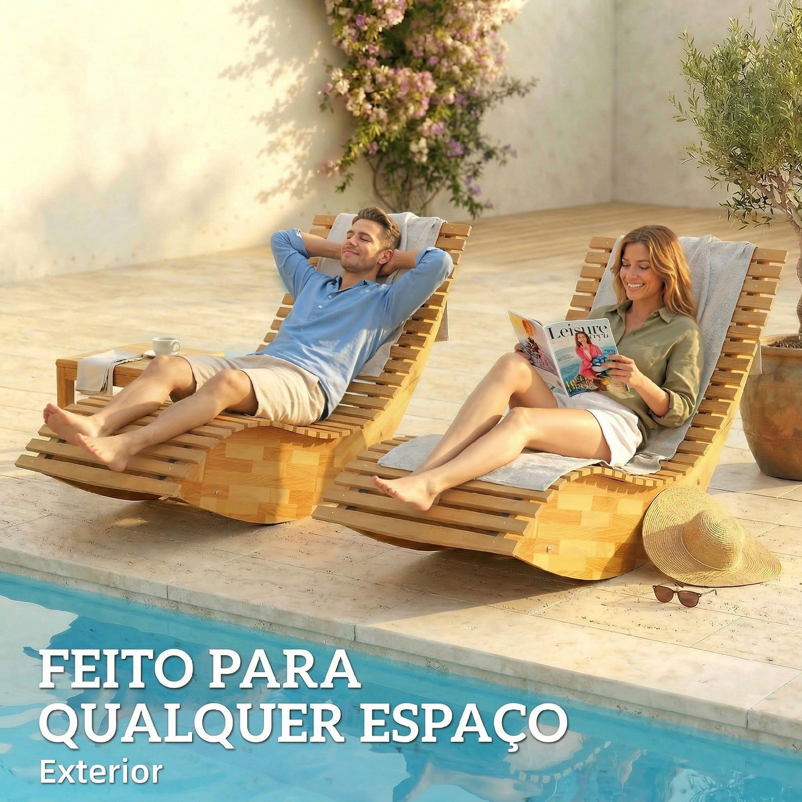Conjunto de 2 cadeiras de balanço de jardim dobráveis ergonómicas com design ripado 60x156x77 cm natural