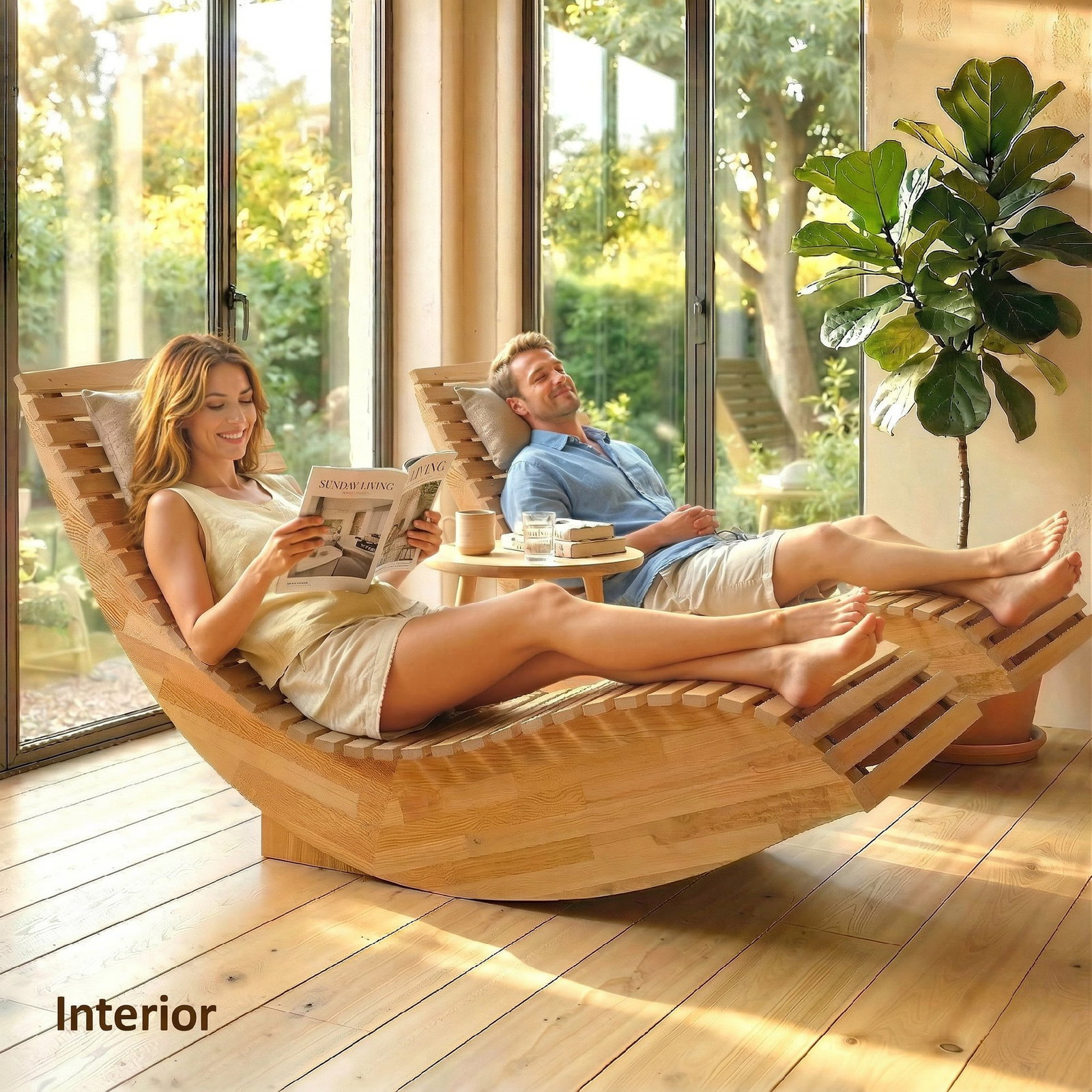 Conjunto de 2 cadeiras de balanço de jardim dobráveis ergonómicas com design ripado 60x156x77 cm natural