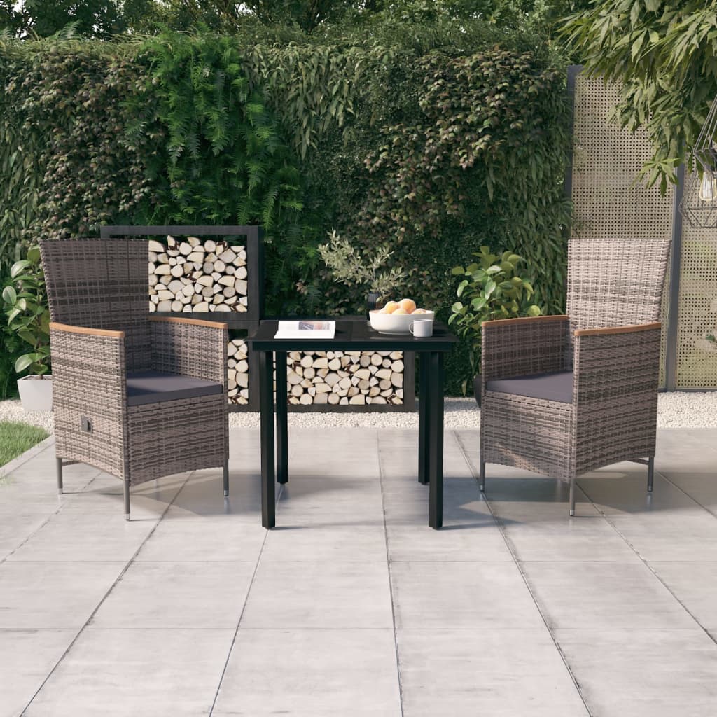 3 Pcs conjunto de jantar para jardim com almofadões cinzento