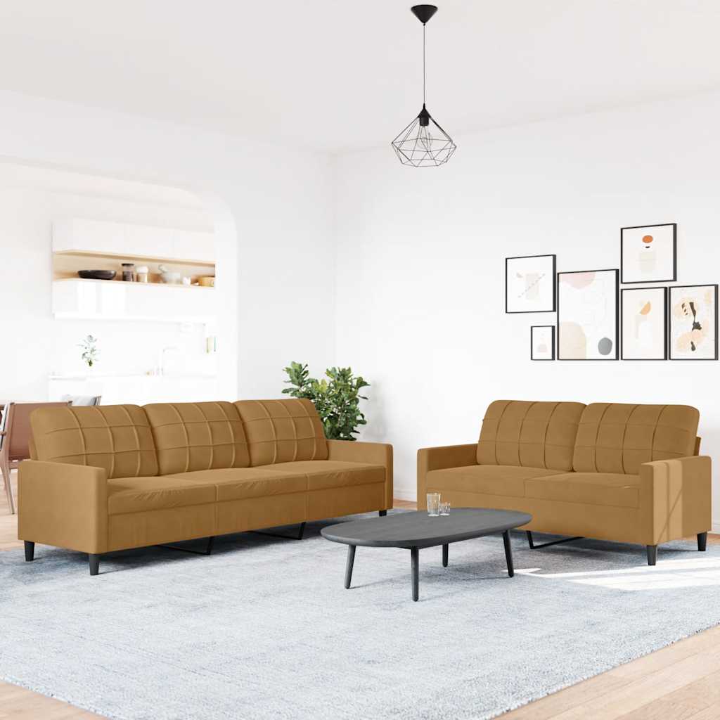 2 Pcs conjunto de sofás com almofadões veludo castanho