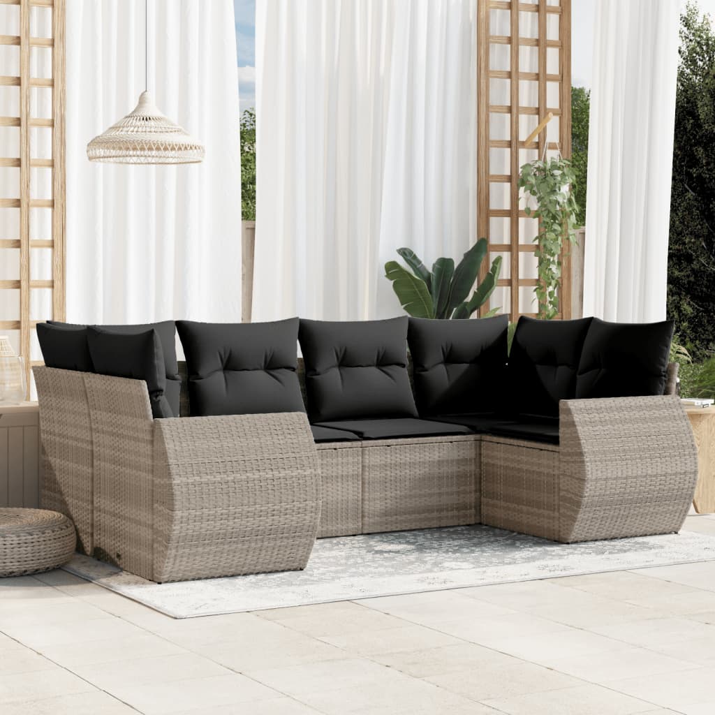 6 Pcs conj. sofás jardim com almofadões vime PE cinzento-claro