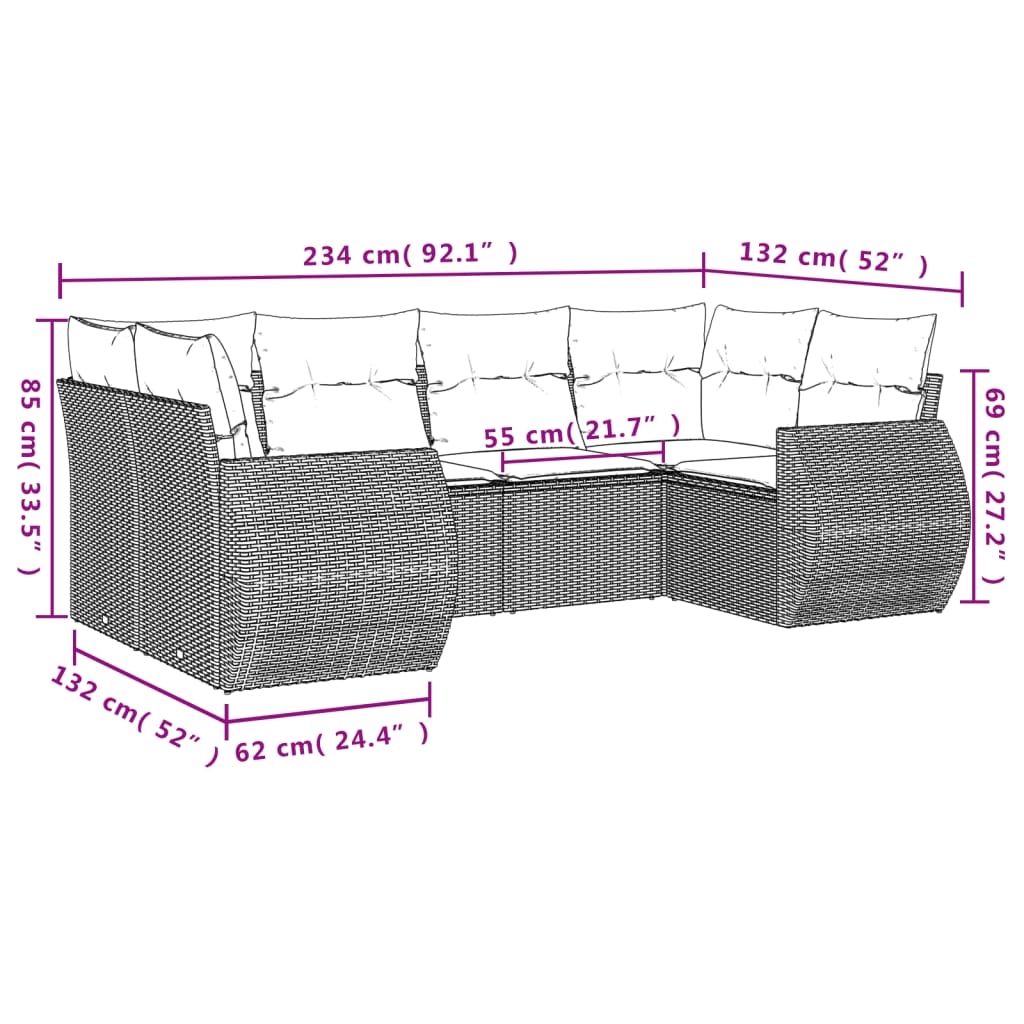 6 Pcs conj. sofás jardim com almofadões vime PE cinzento-claro