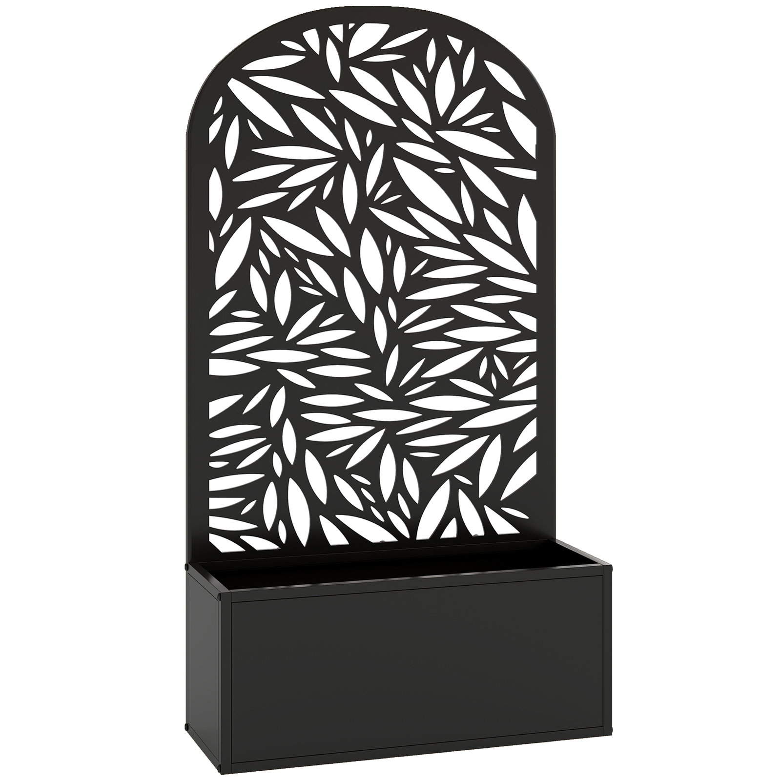 Floreira com painel decorativo curvo de folhas em metal e opção de montagem na parede 61x23x113 cm preto