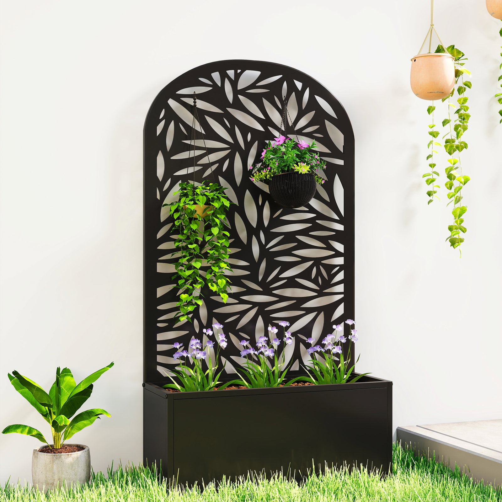Floreira com painel decorativo curvo de folhas em metal e opção de montagem na parede 61x23x113 cm preto